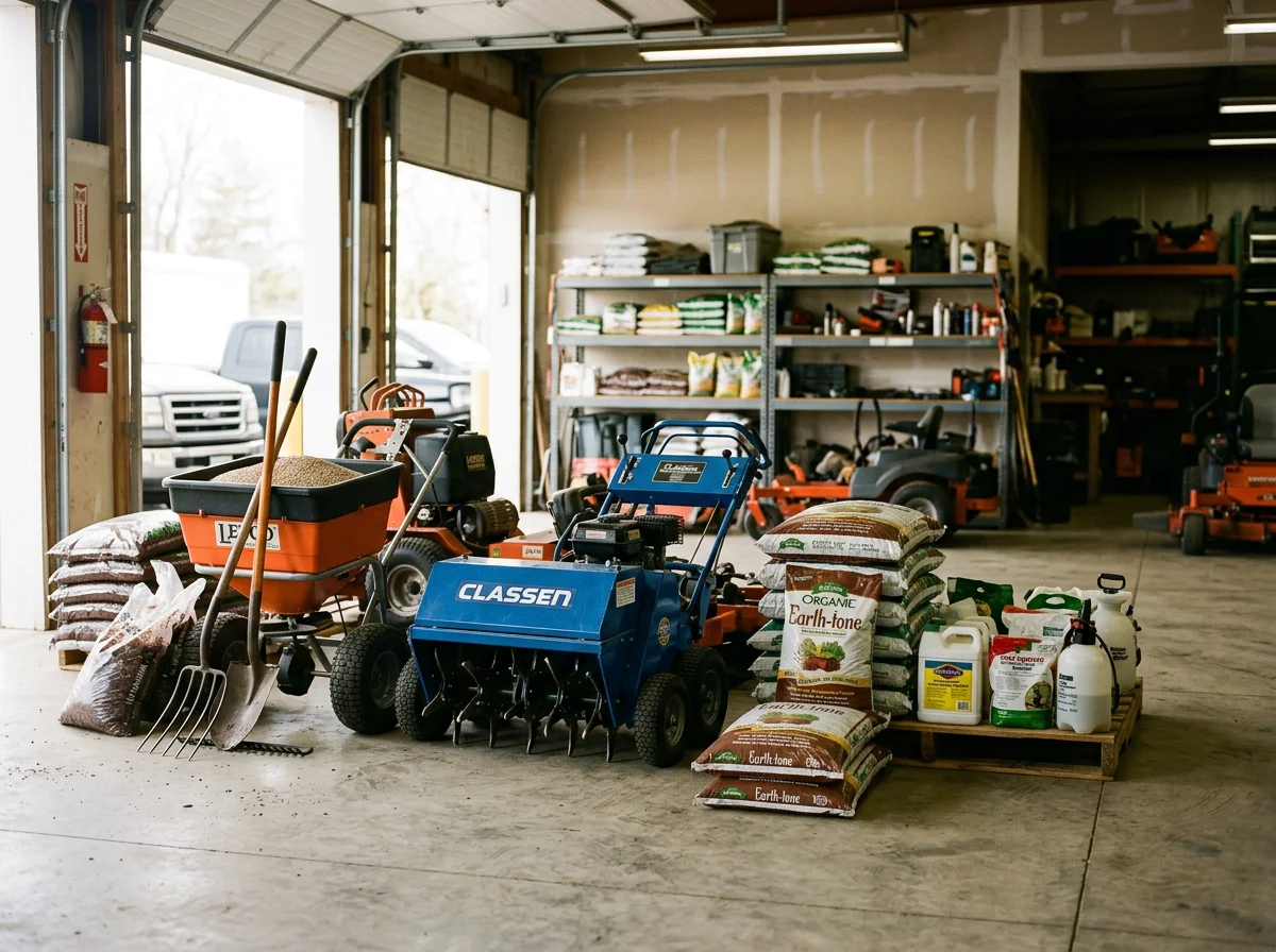Professional lawn care equipment and tools arranged on a clean shop floor, ready for service.