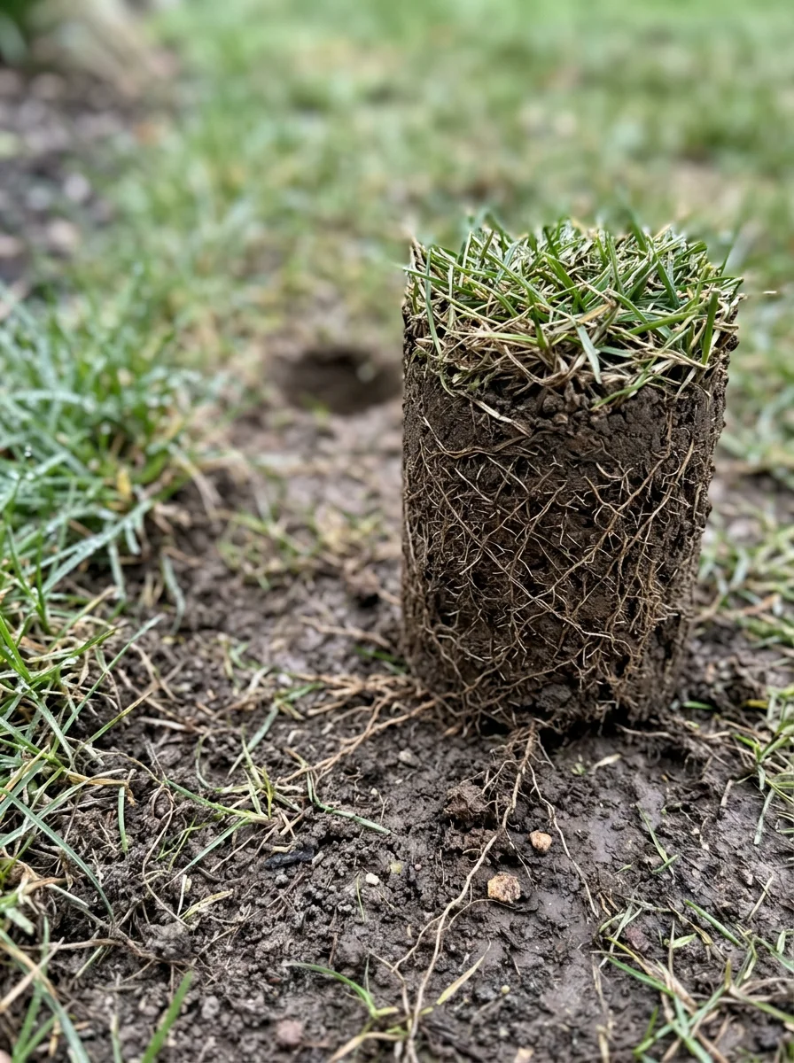 Close-up of a core aeration plug pulled from compacted soil in a Beverly, NJ residential yard, showing dense root mat near the surface.