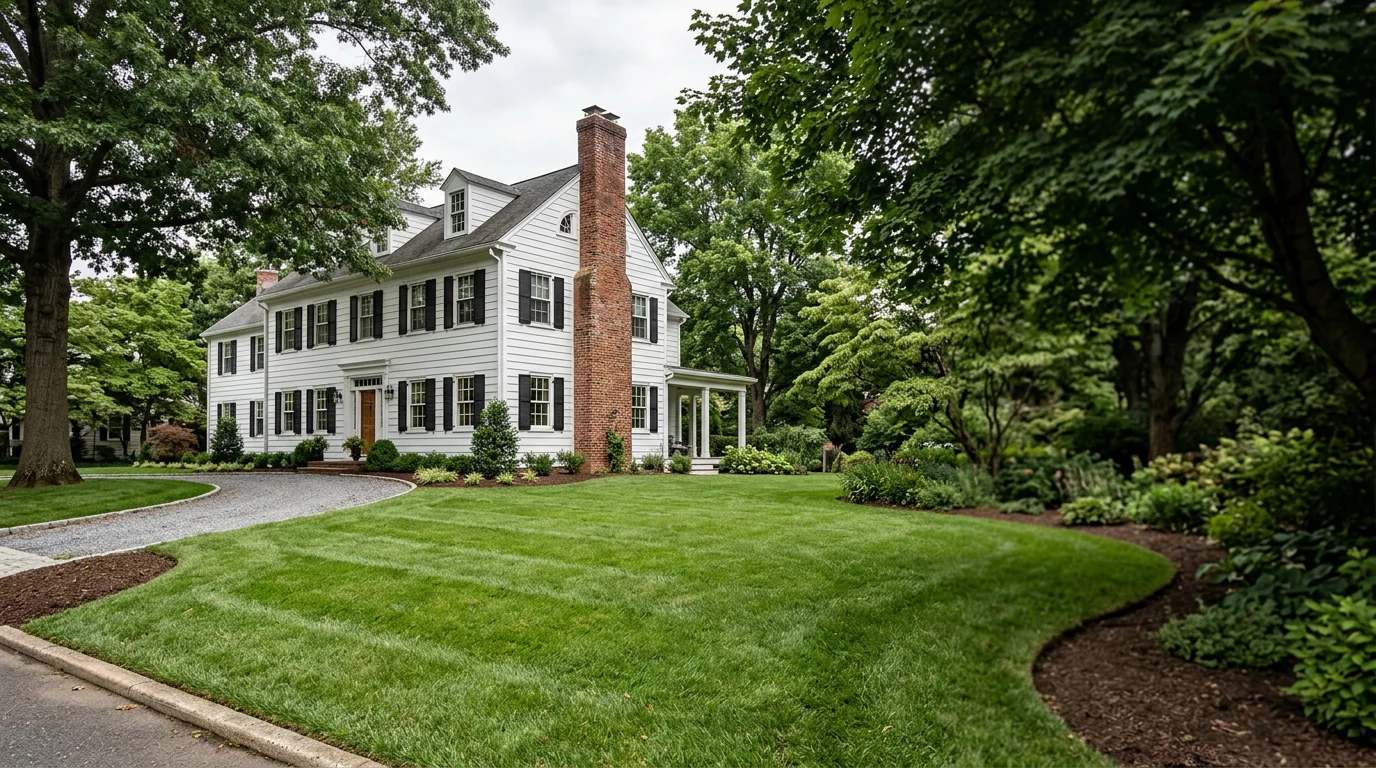 A lush green lawn in front of a historic colonial-style home in Beverly, NJ, with a freshly edged turf bed and mature street trees.