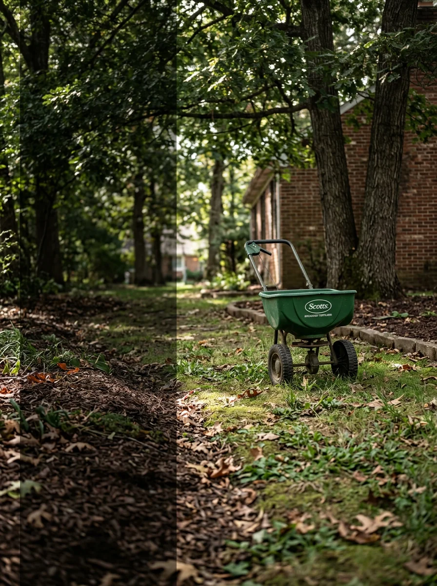 A lawn care technician applying fertilizer treatment to a thin, shaded turf area in a West Cherry Hill, NJ backyard with large overhead tree canopy.