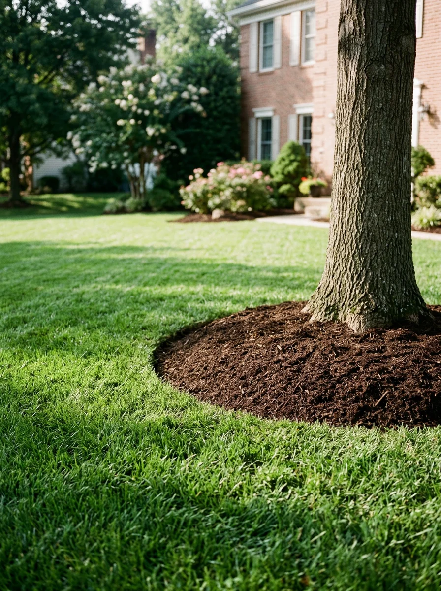 A close-up of a Cinnaminson, NJ residential backyard showing dense, weed-free turf near a mature tree with a freshly mulched bed around its base.