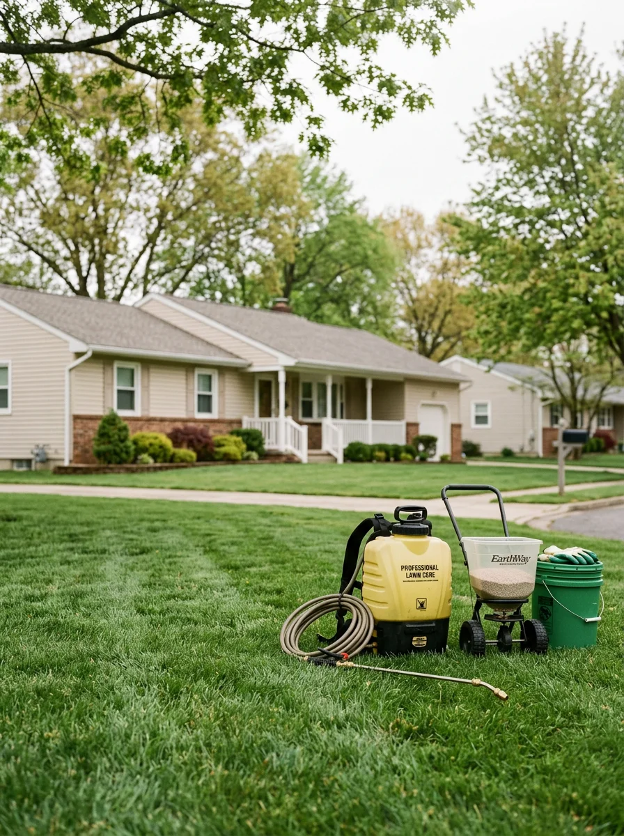 A lawn care technician applying weed control treatment to a Delran, NJ residential lawn in a riverside neighborhood with older ranch-style homes visible in the background.