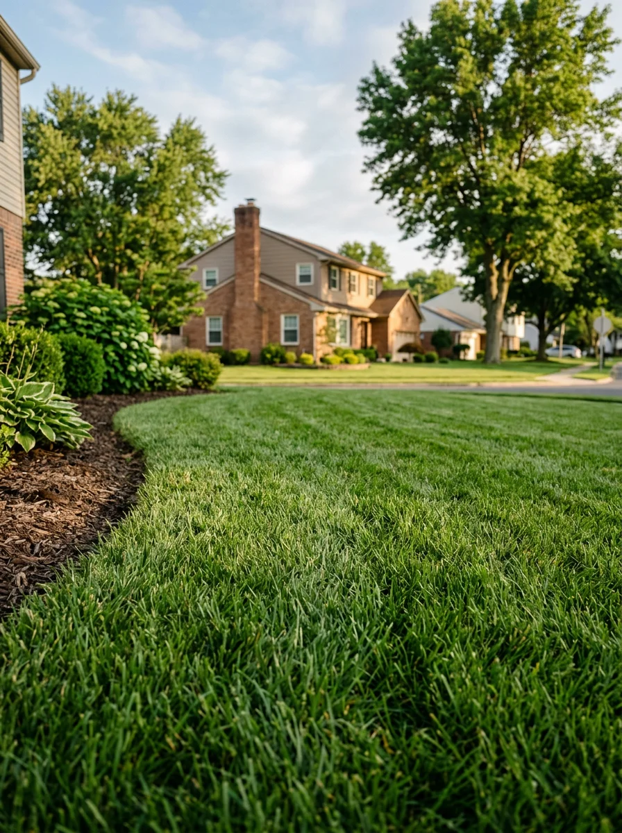 A close-up of dense, weed-free turf on a Maple Shade, NJ residential lot with a split-level home and established landscaping visible in the background.