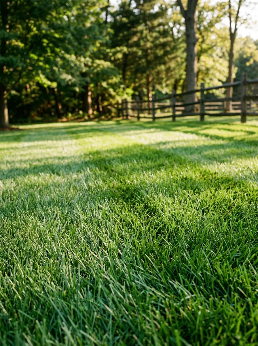 A close-up of dense, weed-free turf on a large Moorestown, NJ estate lot with a wooded property line visible in the background.