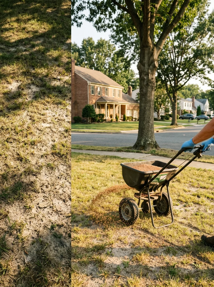 A lawn care technician spreading fertilizer across a thin, sandy-soil lawn in a Mount Laurel, NJ neighborhood with established colonial-style homes visible in the background.