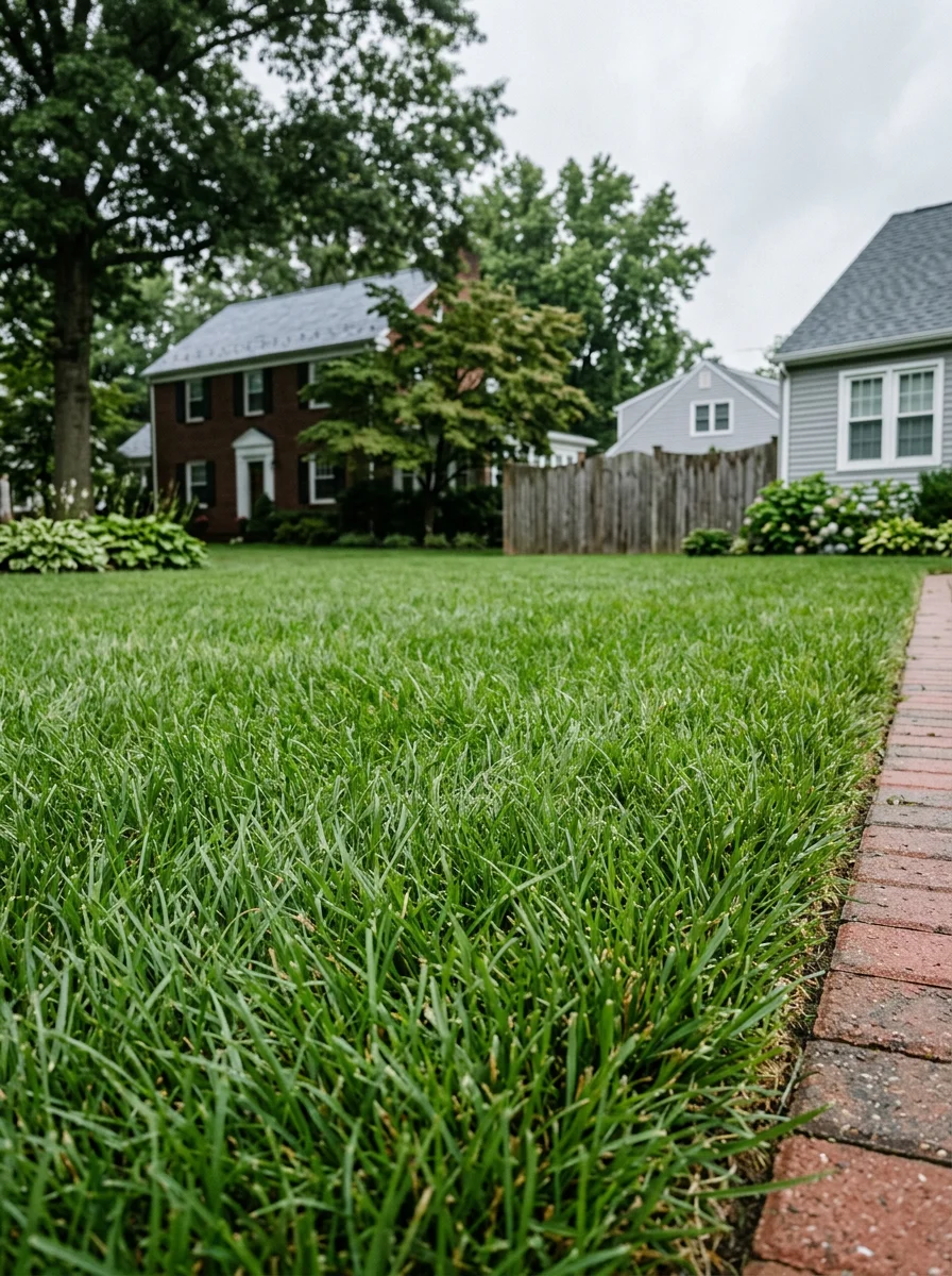 A close-up of a Riverside, NJ residential yard showing dense, weed-free turf on a compact lot with a tight side yard and older neighboring homes visible.