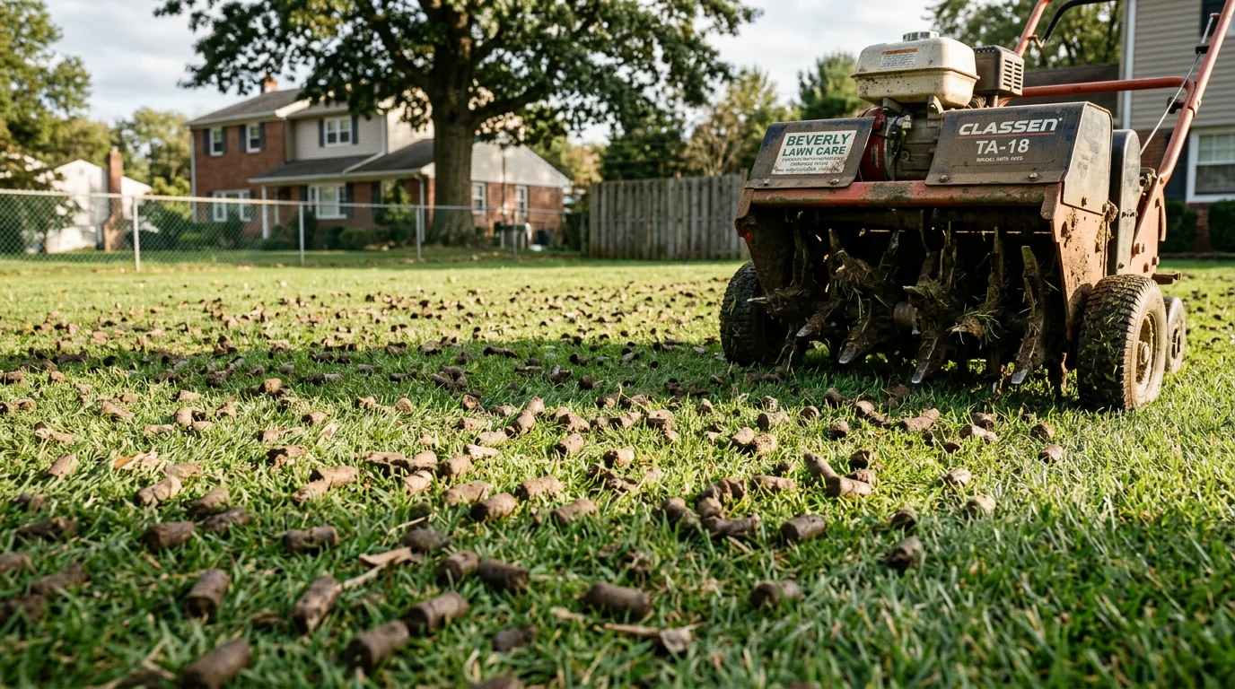 A core aerator pulling small cylindrical soil plugs from a green residential lawn in Beverly, NJ. Rows of pulled plugs rest on the turf surface across a Burlington County backyard.