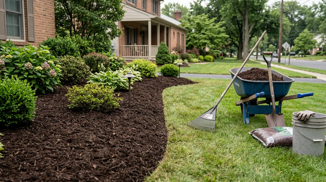 Freshly installed dark mulch spread evenly across a residential landscape bed with clean-cut edges in Beverly, NJ. Green shrubs and perennials are visible against the neatly mulched ground.
