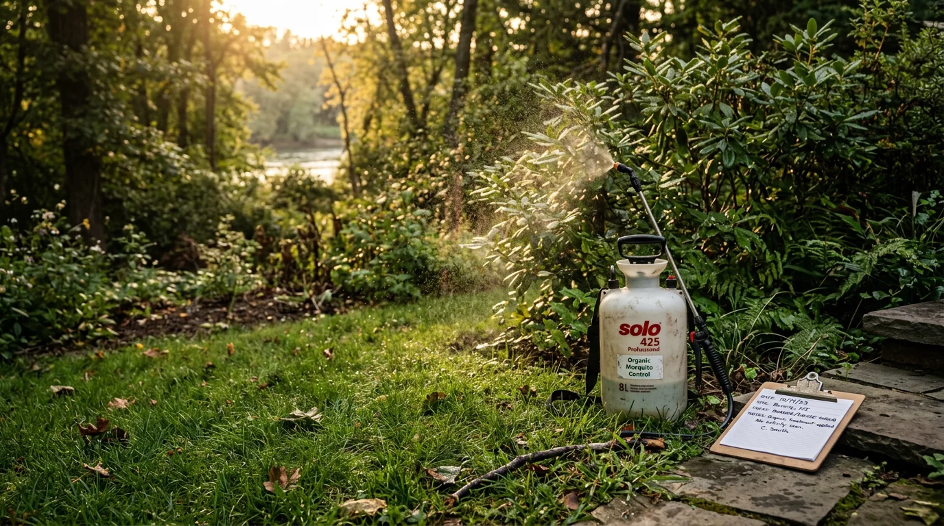 A technician from Premier Lawn Care applying organic mosquito treatment along a shaded lawn border at a residential property in Beverly, NJ. Dense shrubs and a green backyard lawn are visible in the background.