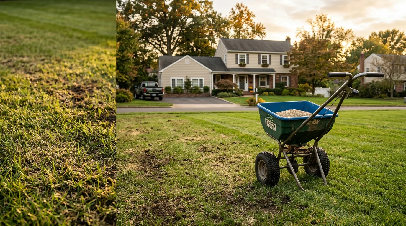 A Beverly, NJ residential lawn showing dense, even green grass after professional overseeding, with previously bare patches now filled in. The lawn borders a typical Burlington County home with a clear contrast between the newly thickened turf and surrounding landscaping.