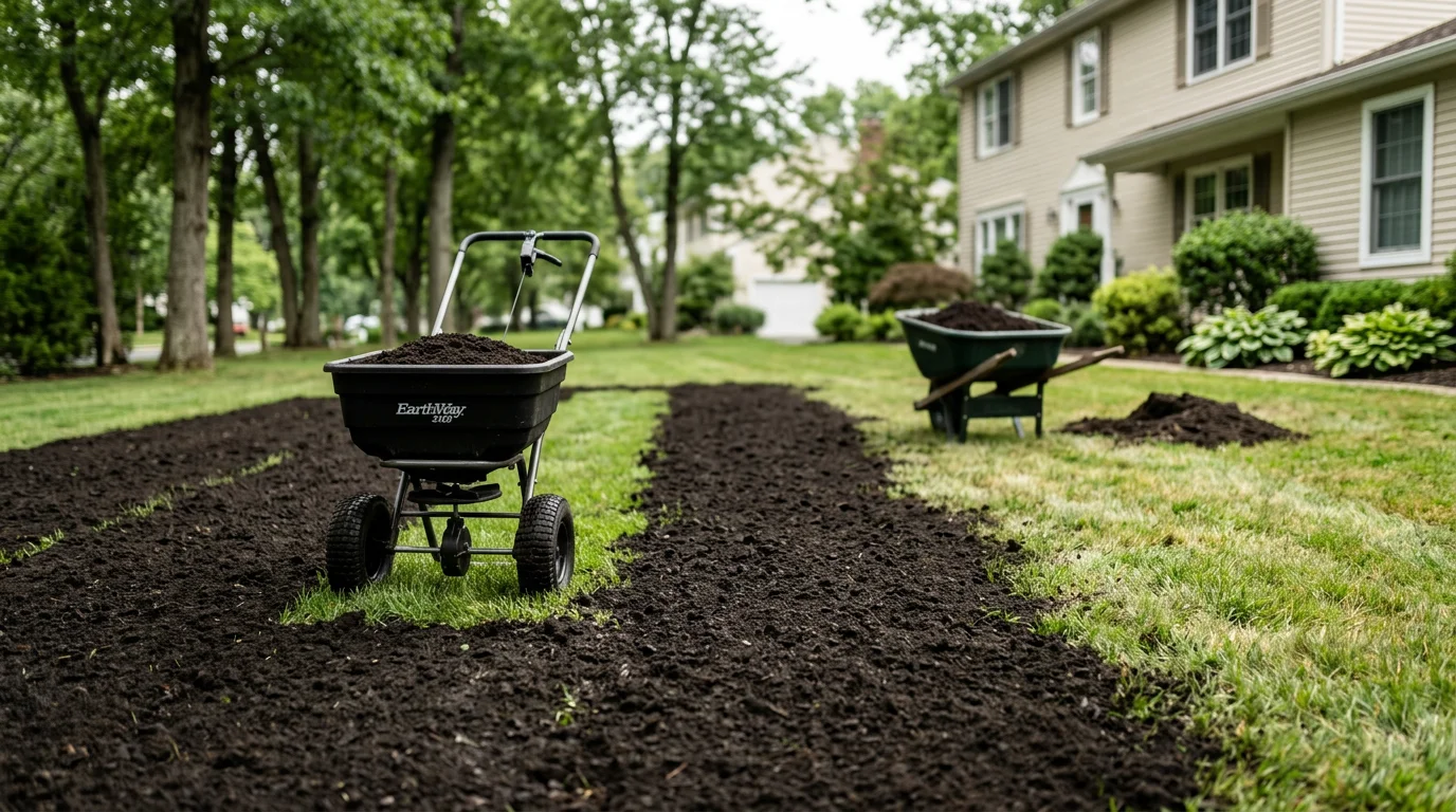 A Premier Lawn Care crew member spreading a thin layer of dark compost across a residential lawn in Beverly, NJ. The surrounding turf shows a mix of established grass and patchy areas being treated with top dressing.