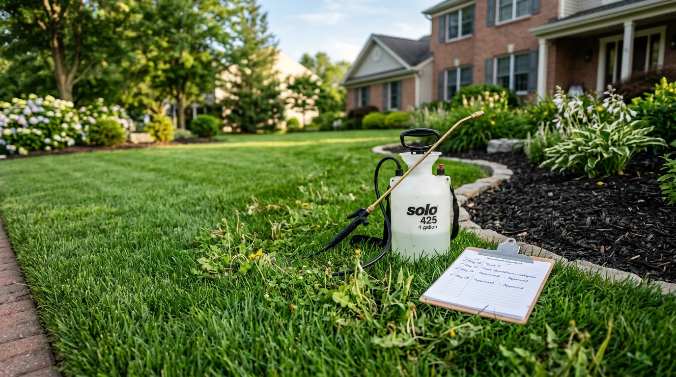 A dense, green residential lawn in Beverly, NJ with no visible weeds after professional weed control treatment. Neatly edged turf borders a suburban home driveway in Burlington County.